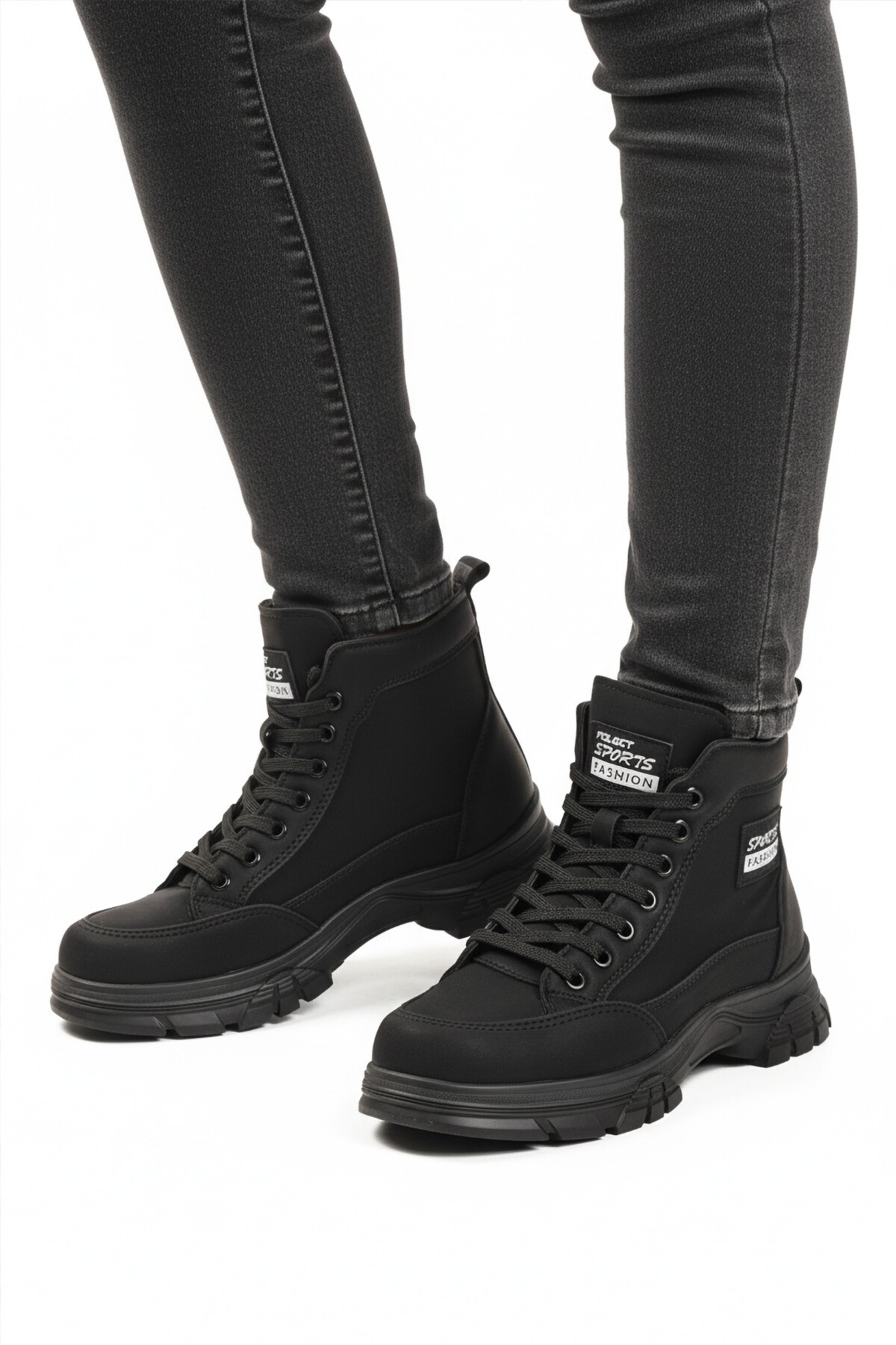 AyakmodBlack Nubuck Fur Lined Non-Slip Sole Zippered Lace-Up Women's Boots 24090 Z