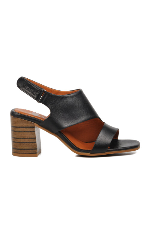 Black Genuine Leather Womens Heeled Sandals 2108502Y Z