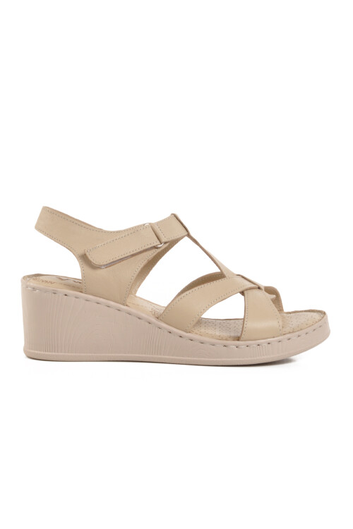 Beige Genuine Leather Womens Wedge Heel Sandals 9200 Z