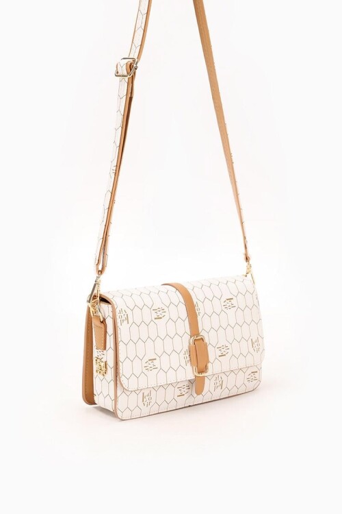 حقيبة كتف مطبوعة بنقشة قرص العسل باللون البيج 930088