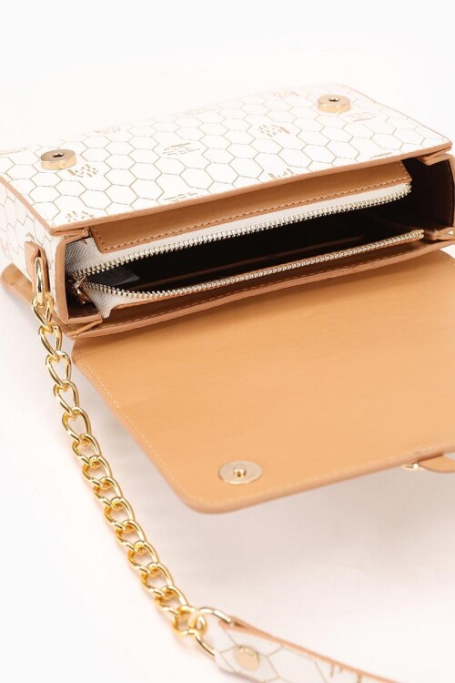 حقيبة كتف مطبوعة بنقشة قرص العسل باللون البيج 930088