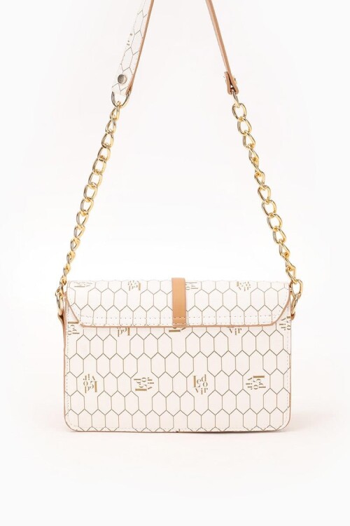 حقيبة كتف مطبوعة بنقشة قرص العسل باللون البيج 930088