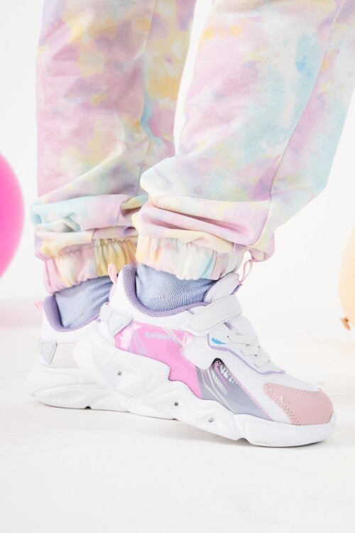 Beyaz Pudra Işıklı Cırtlı Kız Çocuk Spor Ayakkabı Ruby P