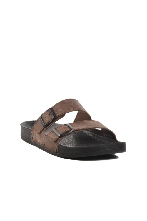 Brown Double-Strap Light Leather Mens Slippers PC-7038 M