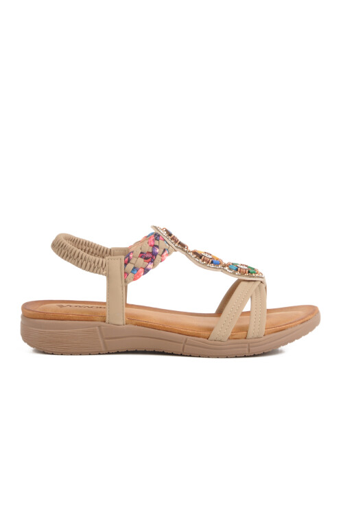 Beige Genuine Leather Stone Embroidered Lightweight Womens Sandals B096 Z