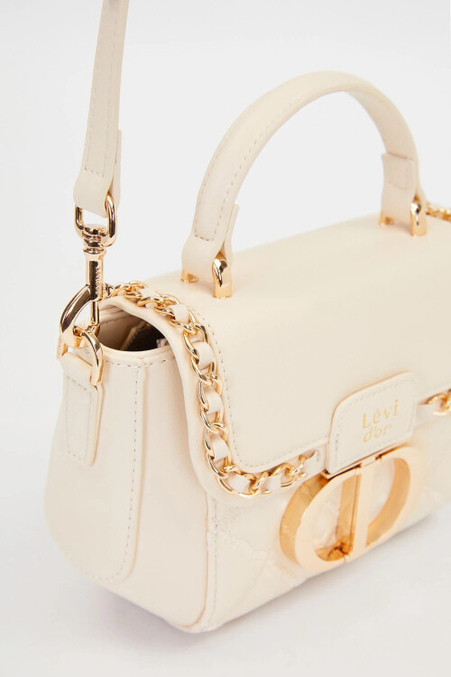 Cream Rectangular Metal Lock Shoulder Bag 930428