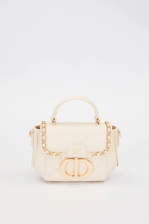 Cream Rectangular Metal Lock Shoulder Bag 930428