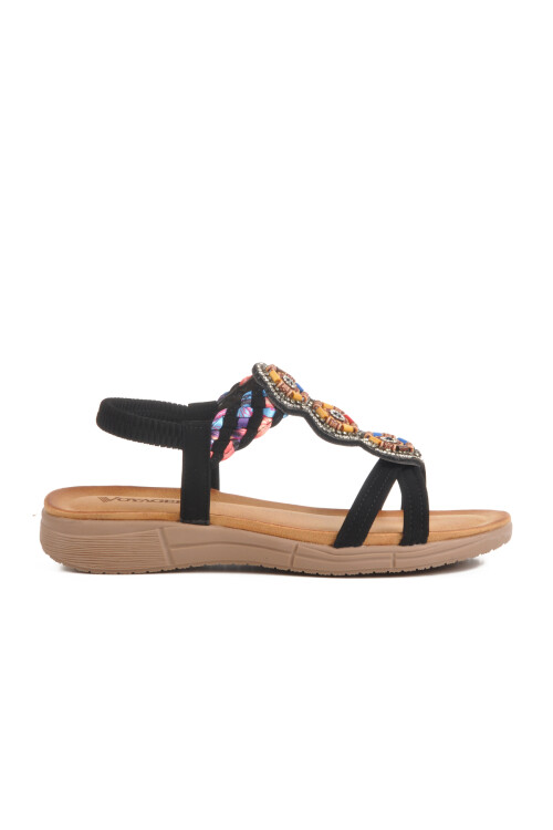 Siyah Hakiki Deri Taş İşlemeli Hafif Kadın Sandalet B096 Z