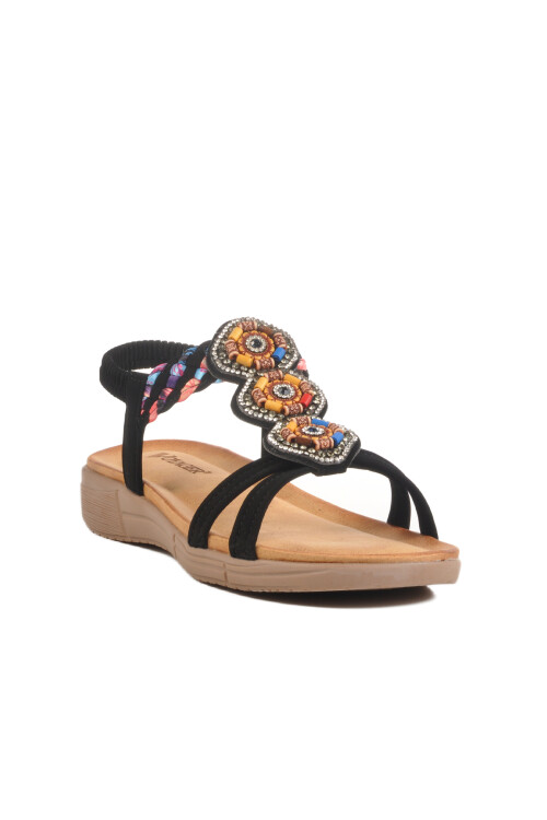 Siyah Hakiki Deri Taş İşlemeli Hafif Kadın Sandalet B096 Z