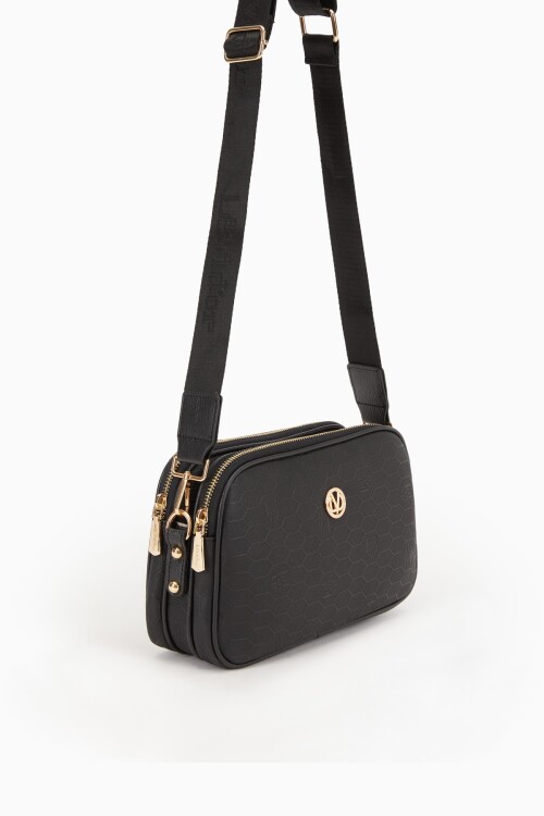 Black Double Zippered Honeycomb Printed Shoulder Bag 930044