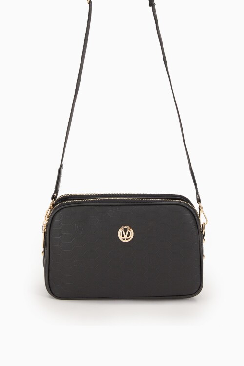 Black Double Zippered Honeycomb Printed Shoulder Bag 930044