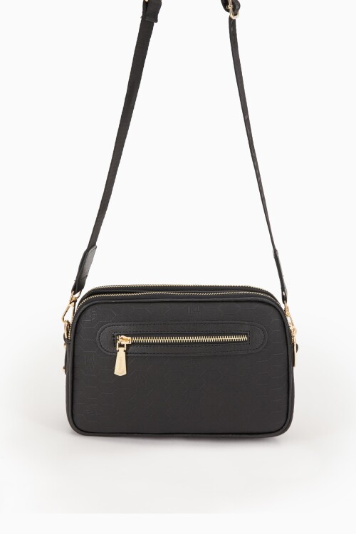 Black Double Zippered Honeycomb Printed Shoulder Bag 930044