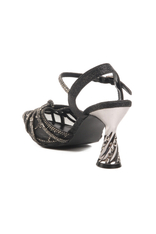 حذاء سهرة نسائي أسود بكعب رفيع مطرز بالأحجار 25Y125-1 Z