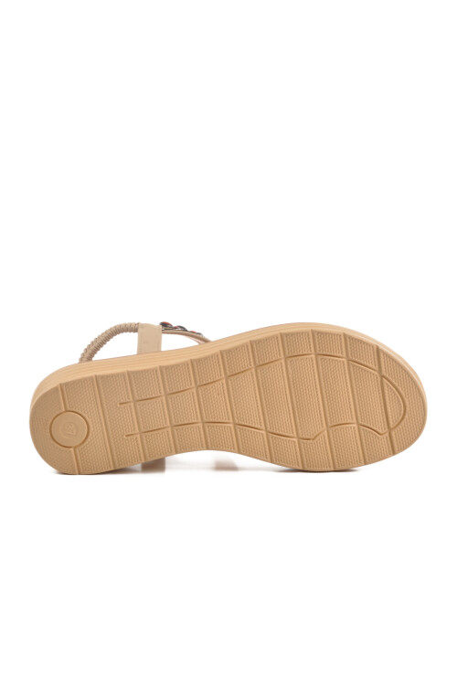 Bej Hakiki Deri Taş İşlemeli Kadın Sandalet 9634 Z