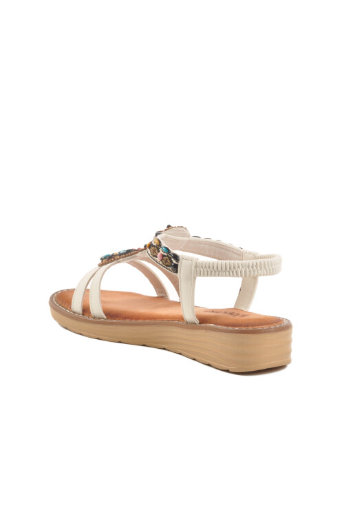 Beyaz Hakiki Deri Taş İşlemeli Kadın Sandalet 9634 Z