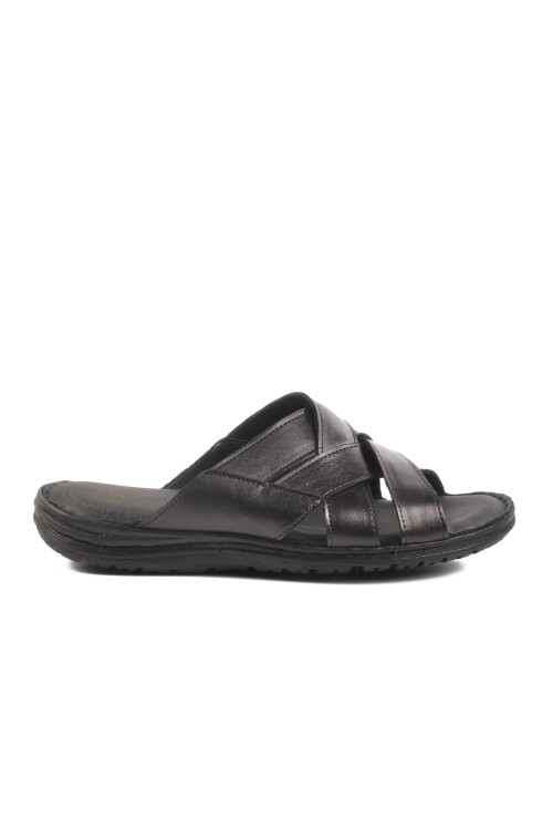Black Genuine Leather Mens Slippers 476449 M