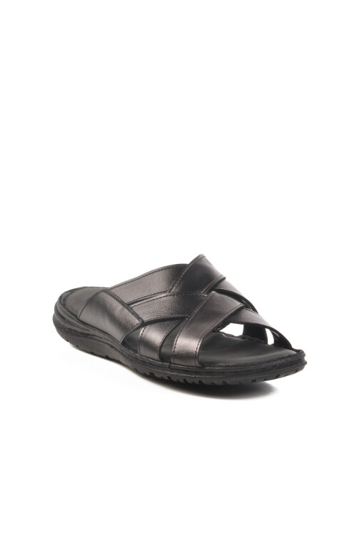 Black Genuine Leather Mens Slippers 476449 M