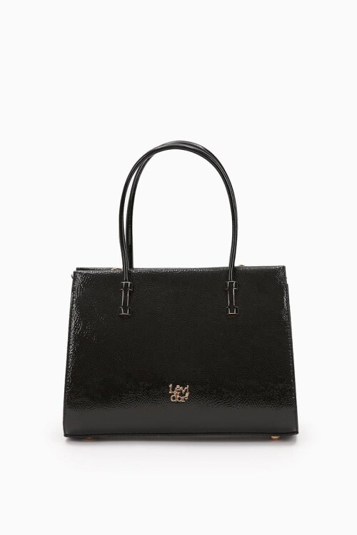 Black Wrinkled Patent Leather Womens Hand and Shoulder Bag 930156