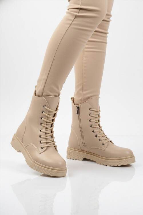 AyakmodBej Cilt Kürklü Bağcıklı Fermuarlı Kaymaz Kadın Bot 525383 Z