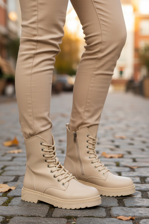 AyakmodBej Cilt Kürklü Bağcıklı Fermuarlı Kaymaz Kadın Bot 525383 Z