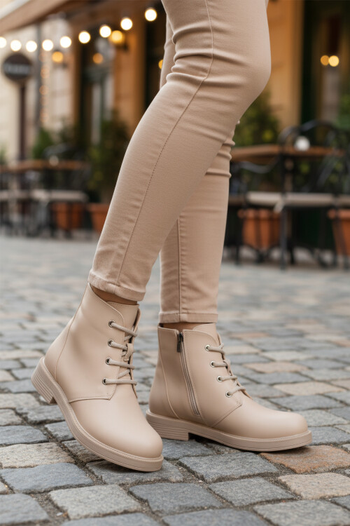 Bej Cilt Bağcıklı Fermuarlı Kaymaz Kadın Bot 284098 Z