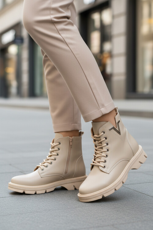 Bej Cilt Bağcıklı Fermuarlı Polarlı Kaymaz Kadın Bot 351071 Z