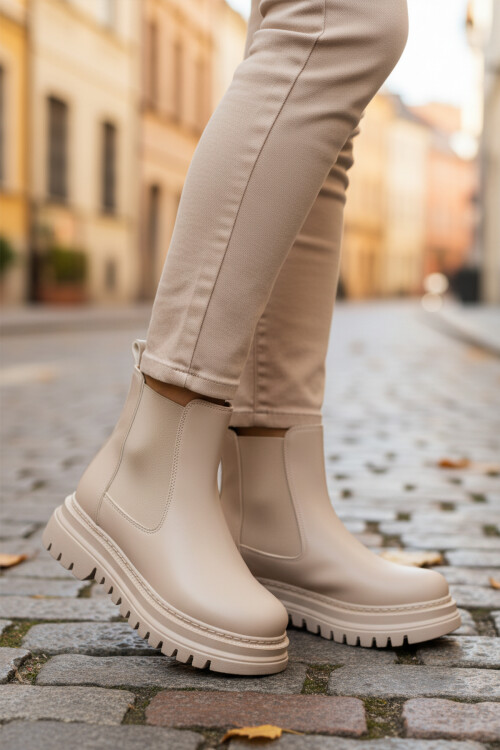 Bej Cilt Kürklü Kolay Giyilebilir Kaymaz Kadın Chelsea Bot 473093 Z