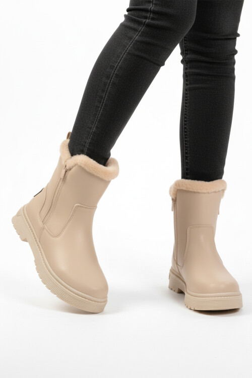Beige Polar Fleece Zippered Non-Slip Sole Womens Boots 23003 Z