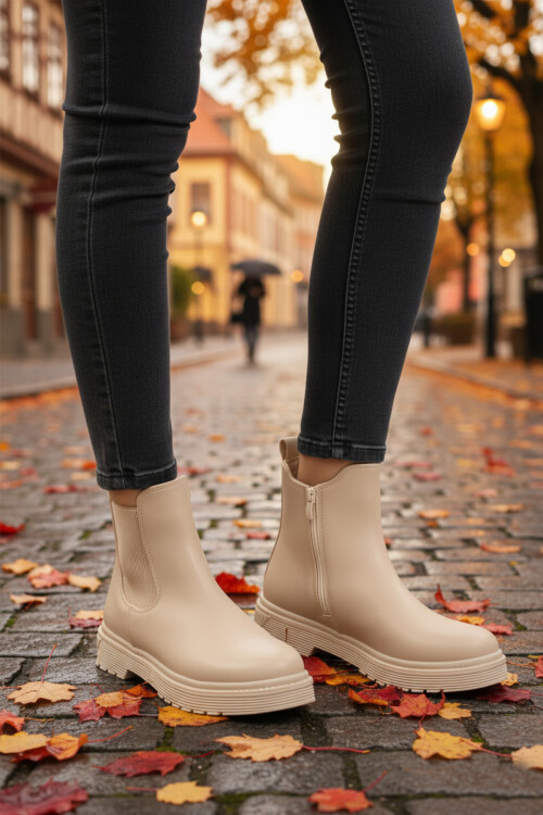 AyakmodBeige Polar Fleece Zippered Non-Slip Women's Boots 24071 Z