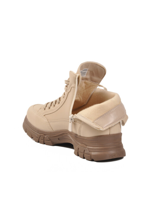AyakmodBeige Fur Lined Non-Slip Sole Zippered Lace-Up Women's Boots 24090 Z