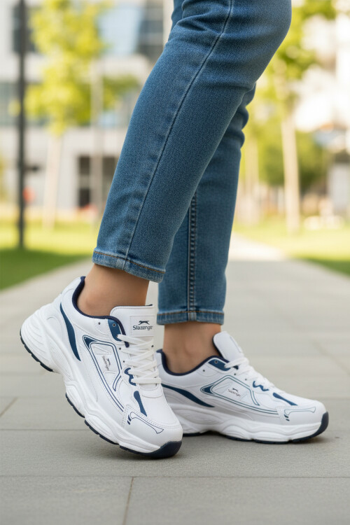 Beyaz Lacivert Bağcıklı Hafif Cilt Unisex Spor Ayakkabı Zafira G