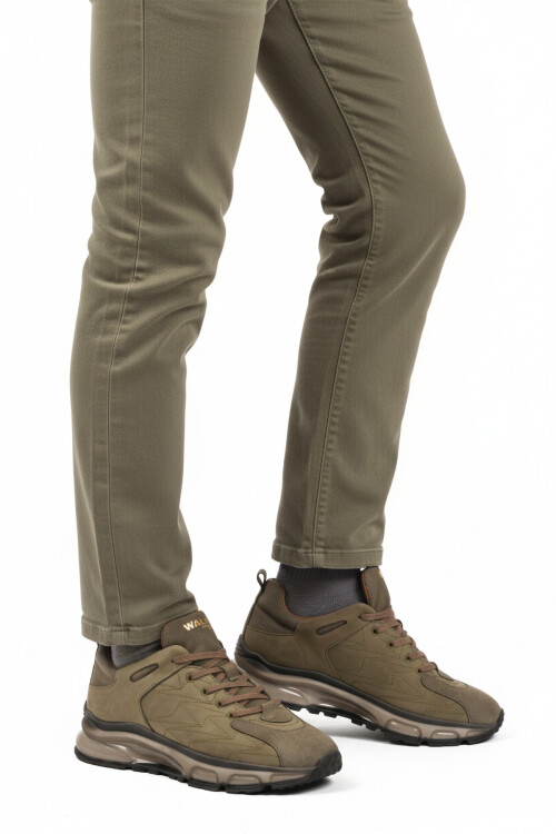 Khaki Laced Genuine Leather Mens Sneakers 2623 M