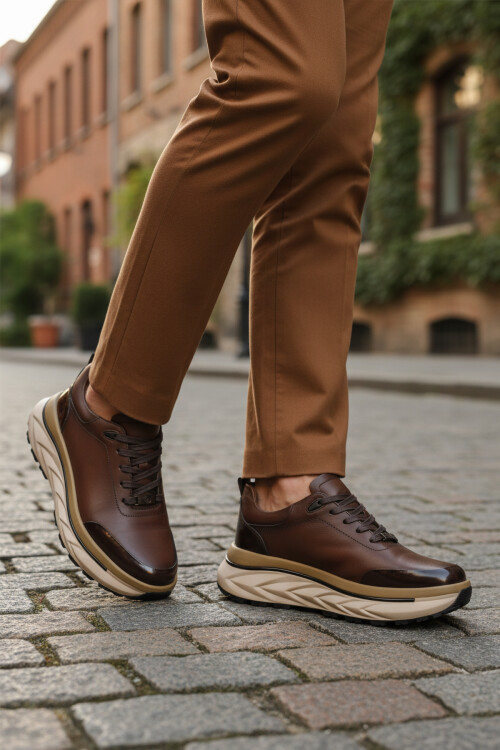 Brown Genuine Leather Lace-Up Mens Sneakers 152-22390 M