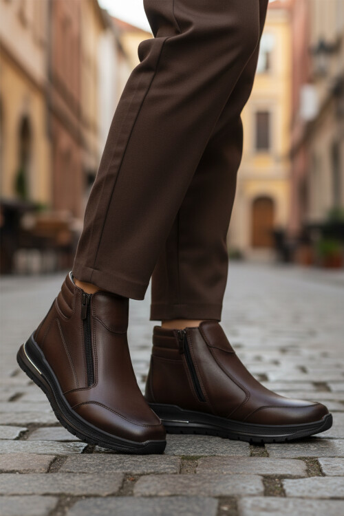 Brown Genuine Leather Zippered Non-Slip Sole Womens Boots 2004 Z