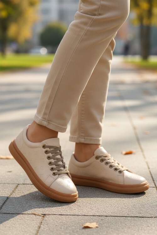 Cream Laced Non-Slip Sole Womens Casual Shoes PC-55071 Z