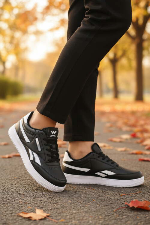 Siyah Beyaz Bağcıklı Hafif Cilt Unisex Spor Ayakkabı Marlow G