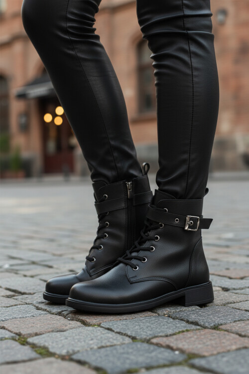 Siyah Cilt Kaymaz İçi Polarlı Fermuarlı Kadın Bot 209151 Z