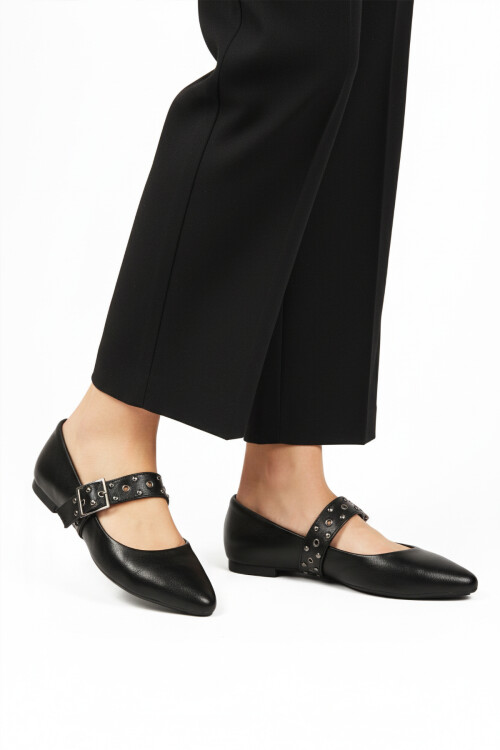 Black Skin Belted Lightweight Flexible Womens Ballerinas 209166 Z