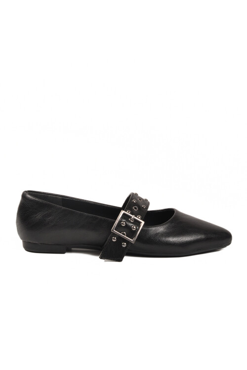 Black Skin Belted Lightweight Flexible Womens Ballerinas 209166 Z