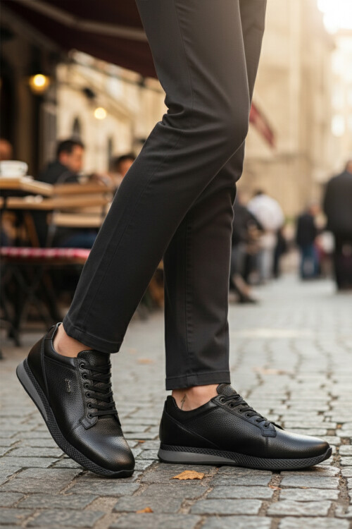 حذاء فلوتير رجالي كاجوال من الجلد الطبيعي باللون الأسود 3235 M