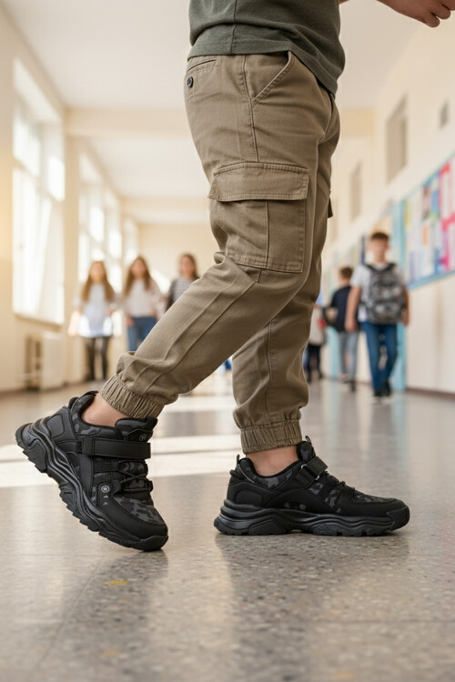 حذاء رياضي خفيف الوزن ومرن للأولاد باللون الأسود مع شريط فيلكرو 2021 F