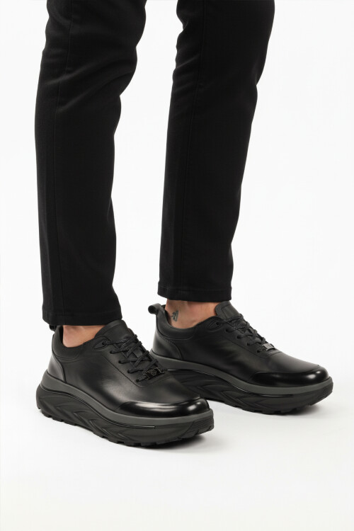 Black Genuine Leather Lace-Up Mens Sneakers 152-22390 M