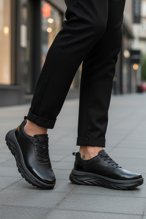 Black Genuine Leather Lace-Up Mens Sneakers 152-22390 M