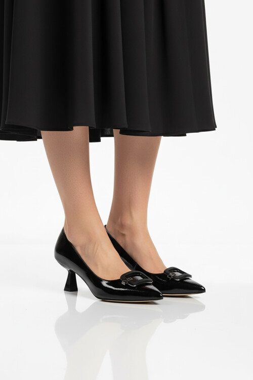 Siyah Kırışık İnce Kısa Topuklu Kadın Abiye Ayakkabı 357189 Z