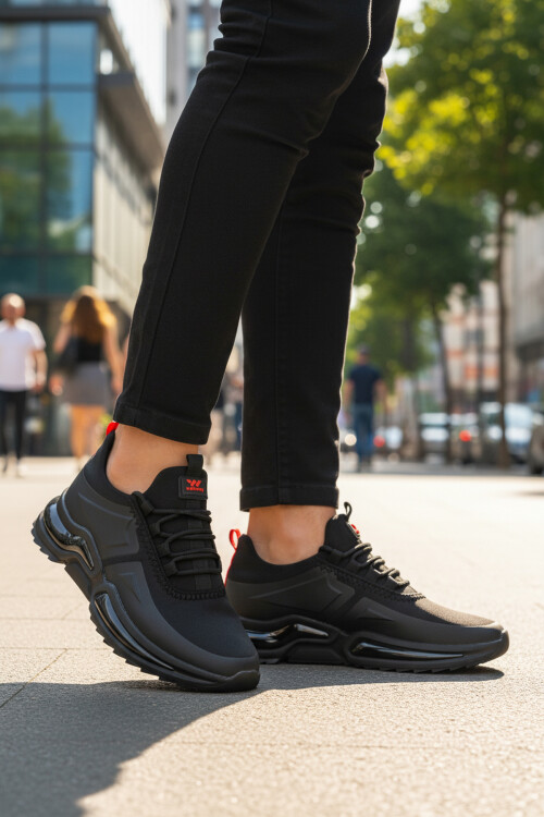 Siyah Kırmızı Bağcıklı Hafif Esnek Erkek Spor Ayakkabı Than 836 M