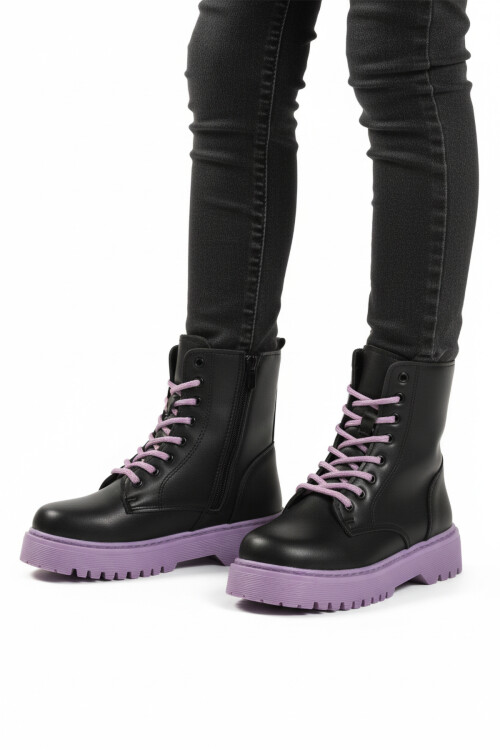 Black Purple Polar Fleece Lace-Up Zippered Non-Slip Girls Boots Dale 05 F