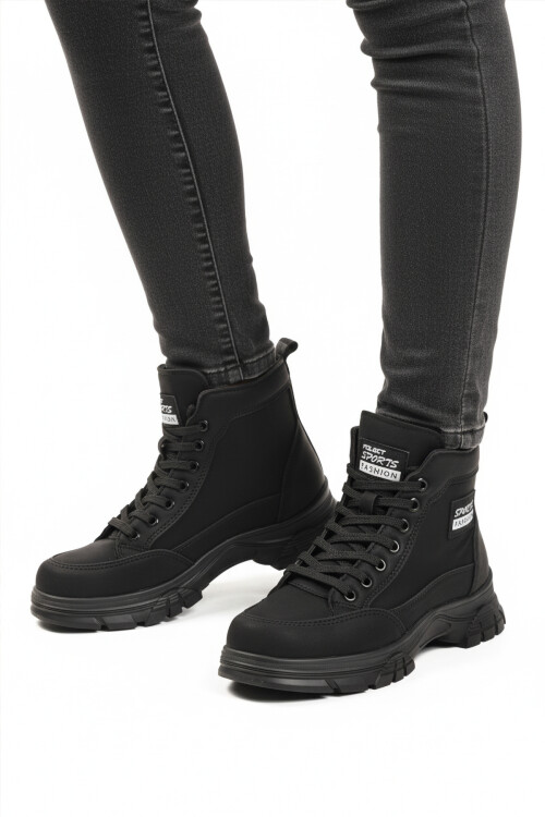 AyakmodBlack Nubuck Fur Lined Non-Slip Sole Zippered Lace-Up Women's Boots 24090 Z