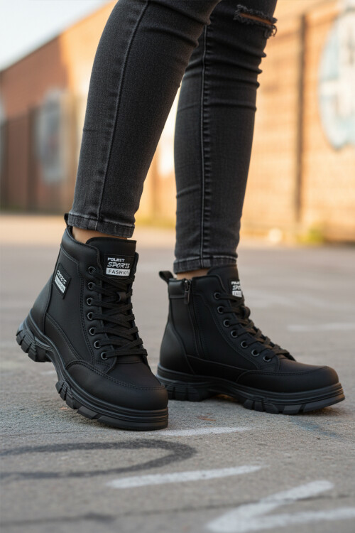 AyakmodBlack Nubuck Fur Lined Non-Slip Sole Zippered Lace-Up Women's Boots 24090 Z