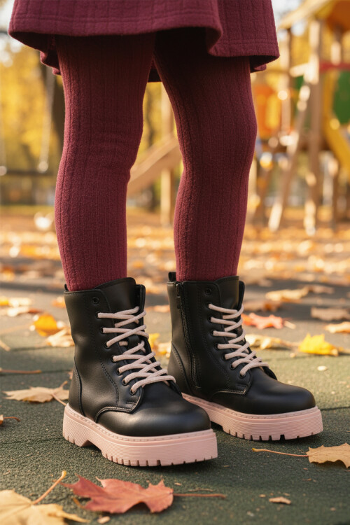 Siyah Pudra İçi Polarlı Bağcıklı Fermuarlı Kaymaz Kız Çocuk Bot Dale 05 F