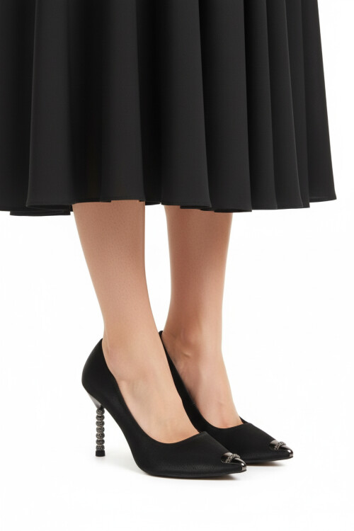 Siyah Saten İnce Taşlı Topuklu Kadın Abiye Ayakkabı 357191 Z